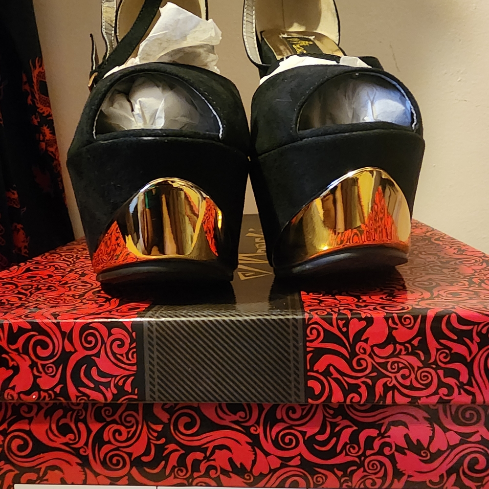 Black Suede Wedge Peep-Toe Heels with Gold Accent and Ankle Strap - Picture 3 of 3